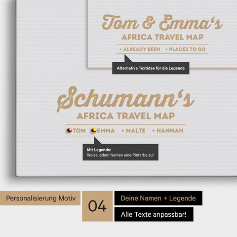 Pinnwand Leinwand einer Afrika-Karte in Light Black (Weiss-Schwarz) mit Personalisierung als Logo mit Familiennamen und Legende