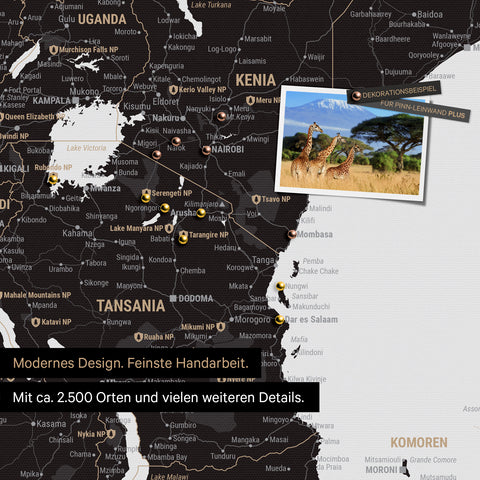 Detailreiche Afrika-Karte als Pinnwand in Light Black (Weiss-Schwarz) zur Markierung von 2.500 Reisezielen in Tansania, Kenia und vielen anderen afrikanischen Ländern – ideal für die Markierung vergangener Reisen und zukünftiger Reisepläne