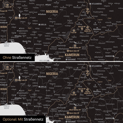 Landkarte von Afrika als Pinn-Leinwand in Light Black (Weiss-Schwarz) wahlweise mit oder ohne eingedrucktem Straßennetz
