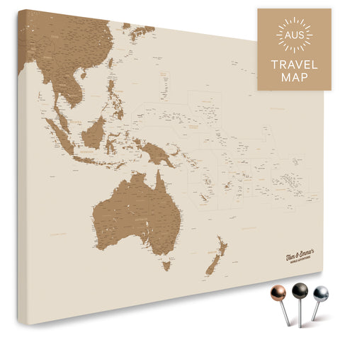 Landkarte von Australien und Ozeanien in Farbe Bronze als Pinnwand Leinwand zum Pinnen und Markieren von Reisezielen