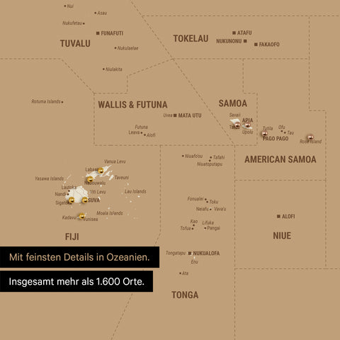 Sehr detaillierte Landkarte von Ozeanien in Farbe Treasure Gold mit allen Inseln und Atollen in der Südsee