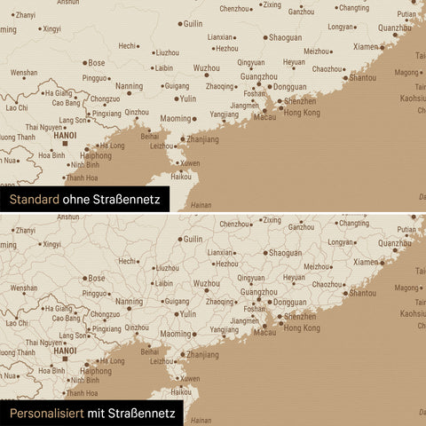 Vergleich einer Australien-Karte in Farbe Treasure Gold mit und ohne Straßennetz