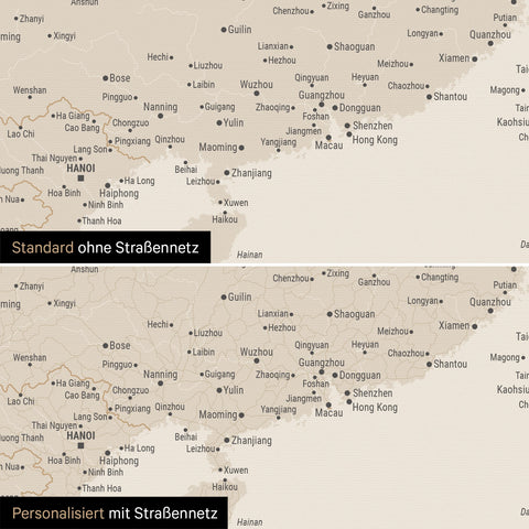 Vergleich einer Australien-Karte in Farbe Gold mit und ohne Straßennetz