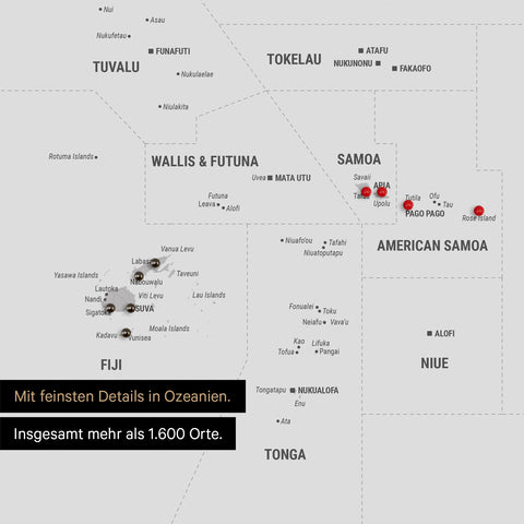 Sehr detaillierte Landkarte von Ozeanien in Farbe Hellgrau mit allen Inseln und Atollen in der Südsee
