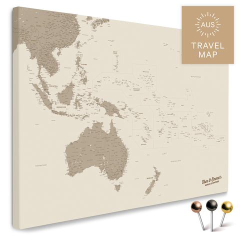 Landkarte von Australien und Ozeanien in Farbe Bronze als Pinnwand Leinwand zum Pinnen und Markieren von Reisezielen
