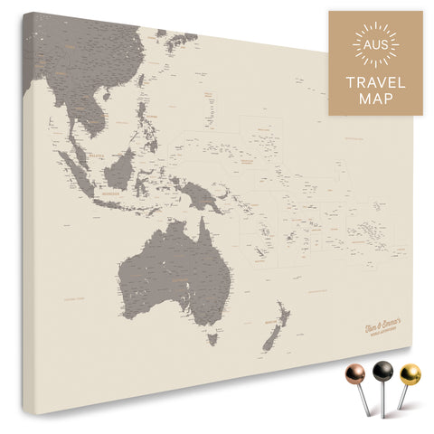 Landkarte von Australien und Ozeanien in Farbe Warmgray als Pinnwand Leinwand zum Pinnen und Markieren von Reisezielen
