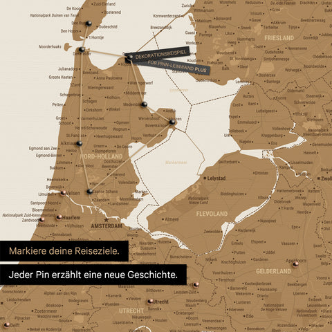 Moderne Benelux-Landkarte in der Farbe Bronze als Pinn-Leinwand zeigt einen Ausschnitt von Nord-Holland und Utrecht, in der bereits besuchte Reiseziele durch Pins markiert sind 