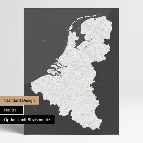 Neutrale Standard Ausführung der detaillierten Benelux-Karte als Pinnwand Leinwand in Dunkelgrau ohne Personalisierung