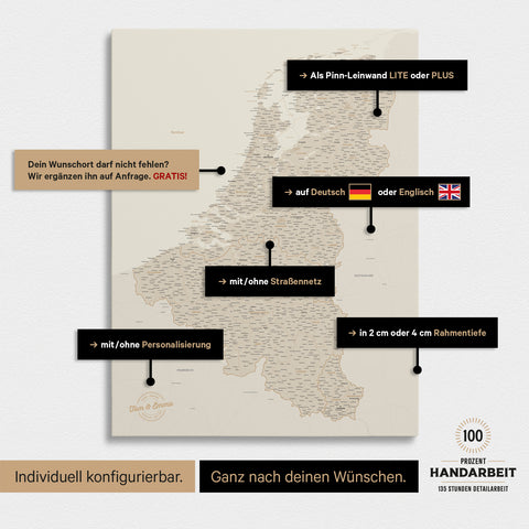 Benelux Push Pin Map TRAVEL® (Pinboard) – Gold