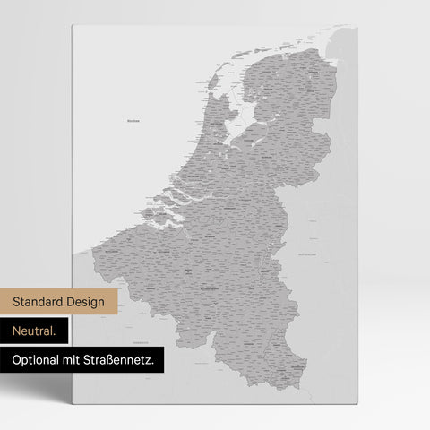 Neutrale Standard Ausführung der detaillierten Benelux-Karte als Pinnwand Leinwand in Coolgray ohne Personalisierung