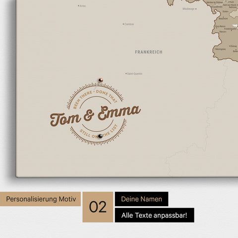 Benelux-Karte Pinn-Leinwand in Multicolor Beige mit Personalisierung als rundes Logo, das eine Legende für bereits besuchte Reiseziele im Rundtext beinhaltet