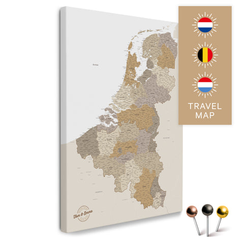 Benelux-Landkarte mit Niederlande, Belgien und Luxemburg in der Farbe Multicolor Beige in einem modernen, minimalistischem Design als Leinwand zum Pinnen von Reisen und Orten
