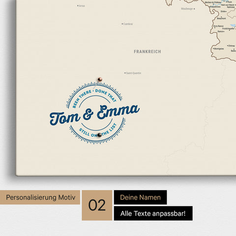 Benelux-Karte Pinn-Leinwand in Multicolor Classic mit Personalisierung als rundes Logo, das eine Legende für bereits besuchte Reiseziele im Rundtext beinhaltet