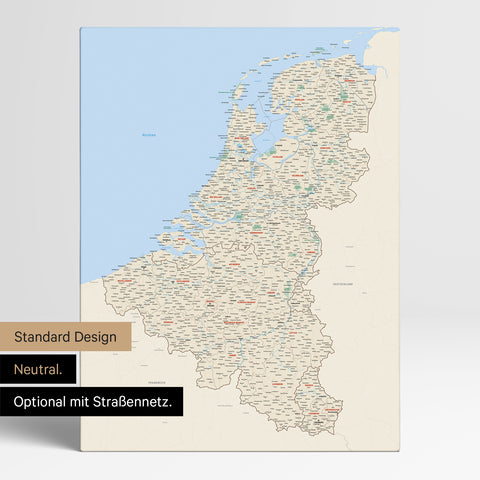 Neutrale Standard Ausführung der detaillierten Benelux-Karte als Pinnwand Leinwand in Multicolor Classic ohne Personalisierung