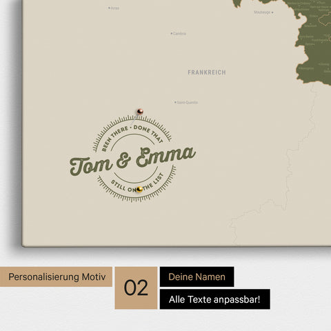 Benelux-Karte Pinn-Leinwand in Oliv-Grün mit Personalisierung als rundes Logo, das eine Legende für bereits besuchte Reiseziele im Rundtext beinhaltet