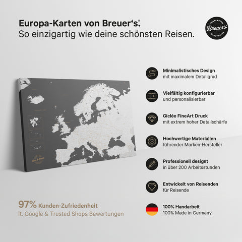 Push Pin Europe Map TRAVEL® (Pinboard) – Light Black