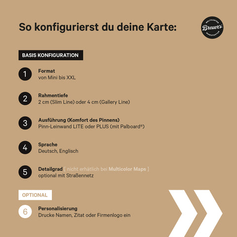 Handleiding voor het configureren en personaliseren van Breuer's wereldkaarten en landkaarten als canvas om op te prikken