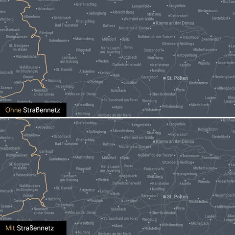 DACH-Karte Leinwand in Denim Blue wahlweise mit oder ohne Straßennetz