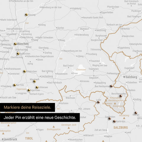 Detail einer DACH-Karte als Pinn-Leinwand in Light Black mit Pins in Deutschland, Österreich und Schweiz