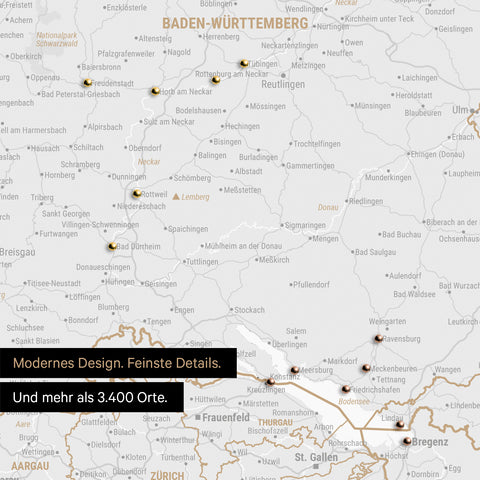 Ausschnitte einer DACH-Karte als Pinn-Leinwand in Light Black mit 3.400 Orten