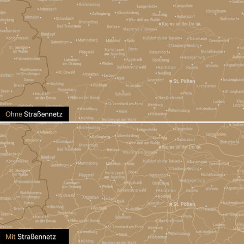 DACH-Karte Leinwand in Sonar Black (Schwarz-Gold) wahlweise mit oder ohne Straßennetz