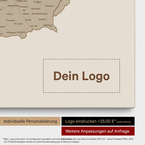 DACH-Karte als Pinn-Leinwand in Desert Sand (Beige) mit Eindruck eines Firmenlogos
