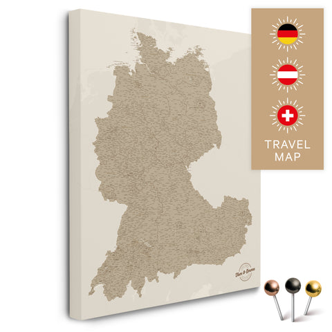 DACH-Landkarte in Desert Sand (Beige) als Pinnwand Leinwand zum Pinnen und Markieren von Reisezielen kaufen