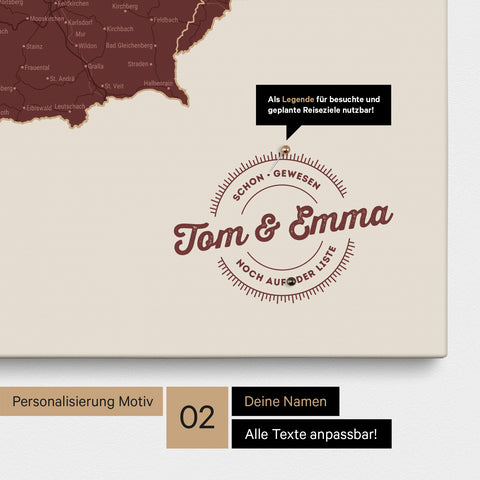 Pinnwand Leinwand einer DACH-Karte in Farbe Bordeaux Rot mit personalisiertem Eindruck von Namen und einer Legende zum Markieren