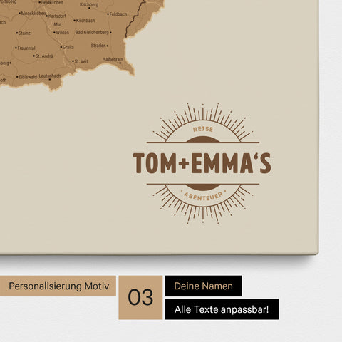 DACH-Karte als Pinn-Leinwand in Bronze mit eingedruckten Namen als Logo in Form einer Sonne