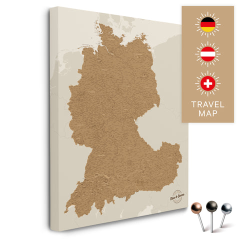 DACH-Landkarte in Bronze als Pinnwand Leinwand zum Pinnen und Markieren von Reisezielen kaufen
