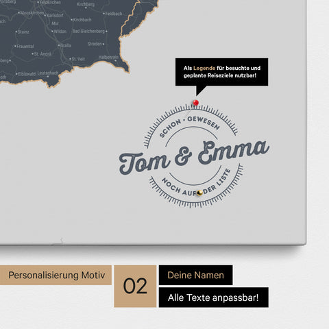 Pinnwand Leinwand einer DACH-Karte in Farbe Denim Blue mit personalisiertem Eindruck von Namen und einer Legende zum Markieren