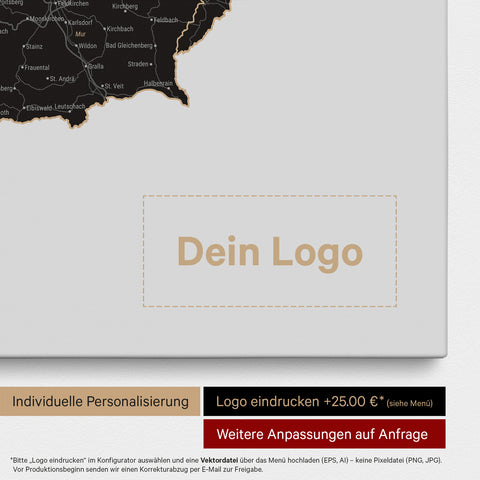 DACH-Karte als Pinn-Leinwand in Light Black mit Eindruck eines Firmenlogos