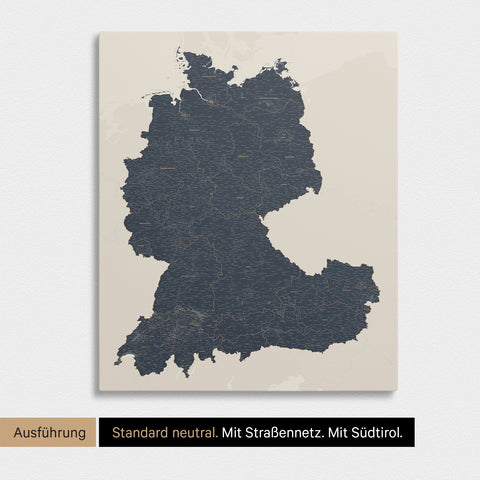 Neutrale und schlichte Standard-Ausführung einer DACH-Karte als Pinn-Leinwand in Navy Light