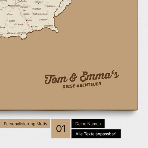 DACH-Karte als Pinnwand Leinwand in Treasure Gold mit Personalisierung und Eindruck mit deinem Namen