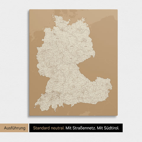 Neutrale und schlichte Standard-Ausführung einer DACH-Karte als Pinn-Leinwand in Treasure Gold