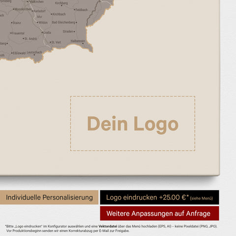 DACH-Karte als Pinn-Leinwand in Warmgray (Braun-Grau) mit Eindruck eines Firmenlogos