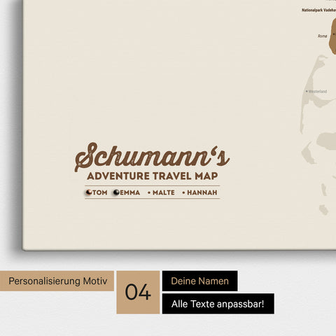 Detaillierte Dänemark-Karte als Pinn-Leinwand in Bronze mit Personalisierung als Logo für die gesamte Familie