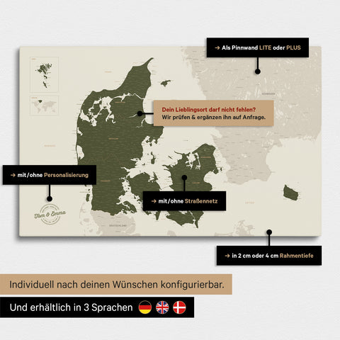 Vielfältige Konfigurationsmöglichkeiten einer Dänemark-Karte als Pinn-Leinwand in der Farbe Olive Green