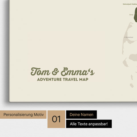 Dänemark-Karte Pinn-Leinwand in Olive Green mit Personalisierung