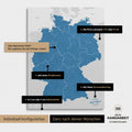 Vielfältige Konfigurationsmöglichkeiten einer Deutschland-Karte als Pinn-Leinwand in Blau