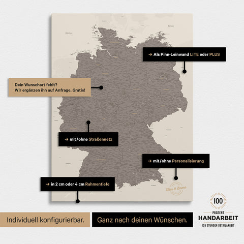 Vielfältige Konfigurationsmöglichkeiten einer Deutschland-Karte als Pinn-Leinwand in Warmgray