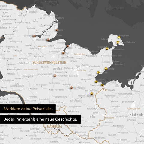 Detail einer Deutschland-Karte als Pinn-Leinand in Dunkelgrau mit Pins in Schleswig-Holstein