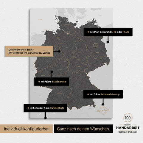 Vielfältige Konfigurationsmöglichkeiten einer Deutschland-Karte als Pinn-Leinwand in Light Gray