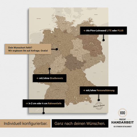 Vielfältige Konfigurationsmöglichkeiten einer Deutschland-Karte als Pinn-Leinwand in Multicolor Brown