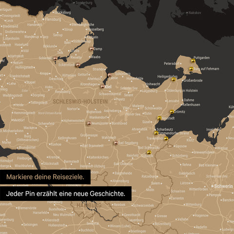 Detail einer Deutschland-Karte als Pinn-Leinand in Sonar Black (Schwarz-Gold) mit Pins in Schleswig-Holstein