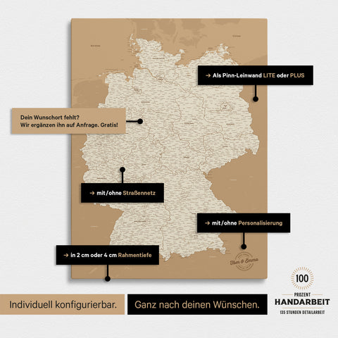 Vielfältige Konfigurationsmöglichkeiten einer Deutschland-Karte als Pinn-Leinwand in Treasure Gold