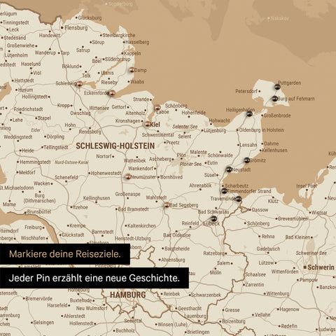 Detail einer Deutschland-Karte als Pinn-Leinand in Treasure Gold mit Pins in Schleswig-Holstein