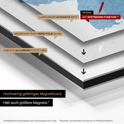 Deutschland-Karte auf magnethaftende Ferro-Folie gedruckt, auf Alu-Dibond-Tafel geklebt und mit UV-Schutz kaschiert