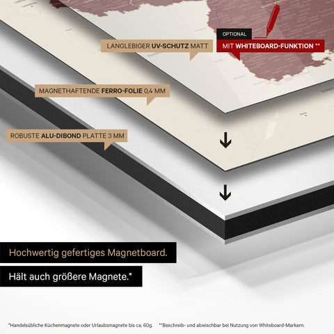 Deutschland-Karte auf magnethaftende Ferro-Folie gedruckt, auf Alu-Dibond-Tafel geklebt und mit UV-Schutz kaschiert