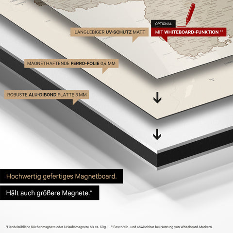 Deutschland-Karte auf magnethaftende Ferro-Folie gedruckt, auf Alu-Dibond-Tafel geklebt und mit UV-Schutz kaschiert